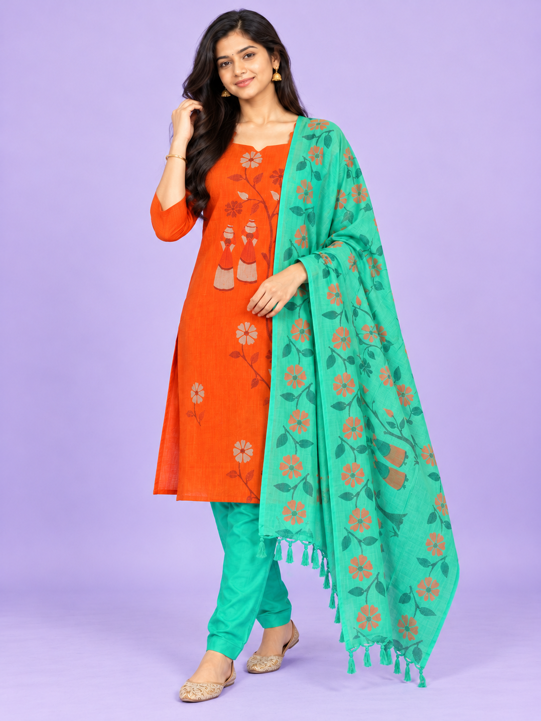 Traditional Gollabhama Print Cotton 3PC Kurti Set in Bright Orange & Turquoise Green | Cut Work Neck Design | Free Style Bottom | Ready to Wear
