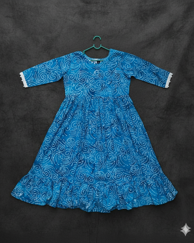 Handmade Batik Frock with Natural Dye – Potli Ball Neck Design Blue Colour with Half Lining