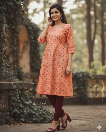 Premium Cotton Straight Cut Kurti – Orange Floral Print Design for Women