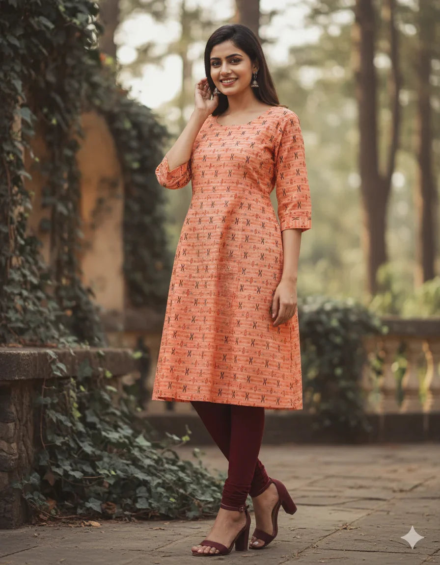 Premium Cotton Straight Cut Kurti – Orange Floral Print Design for Women