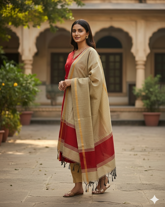 Raw Silk 3pc KurtiSet With Red Colour Full Length Lining | Gold Dupatta
