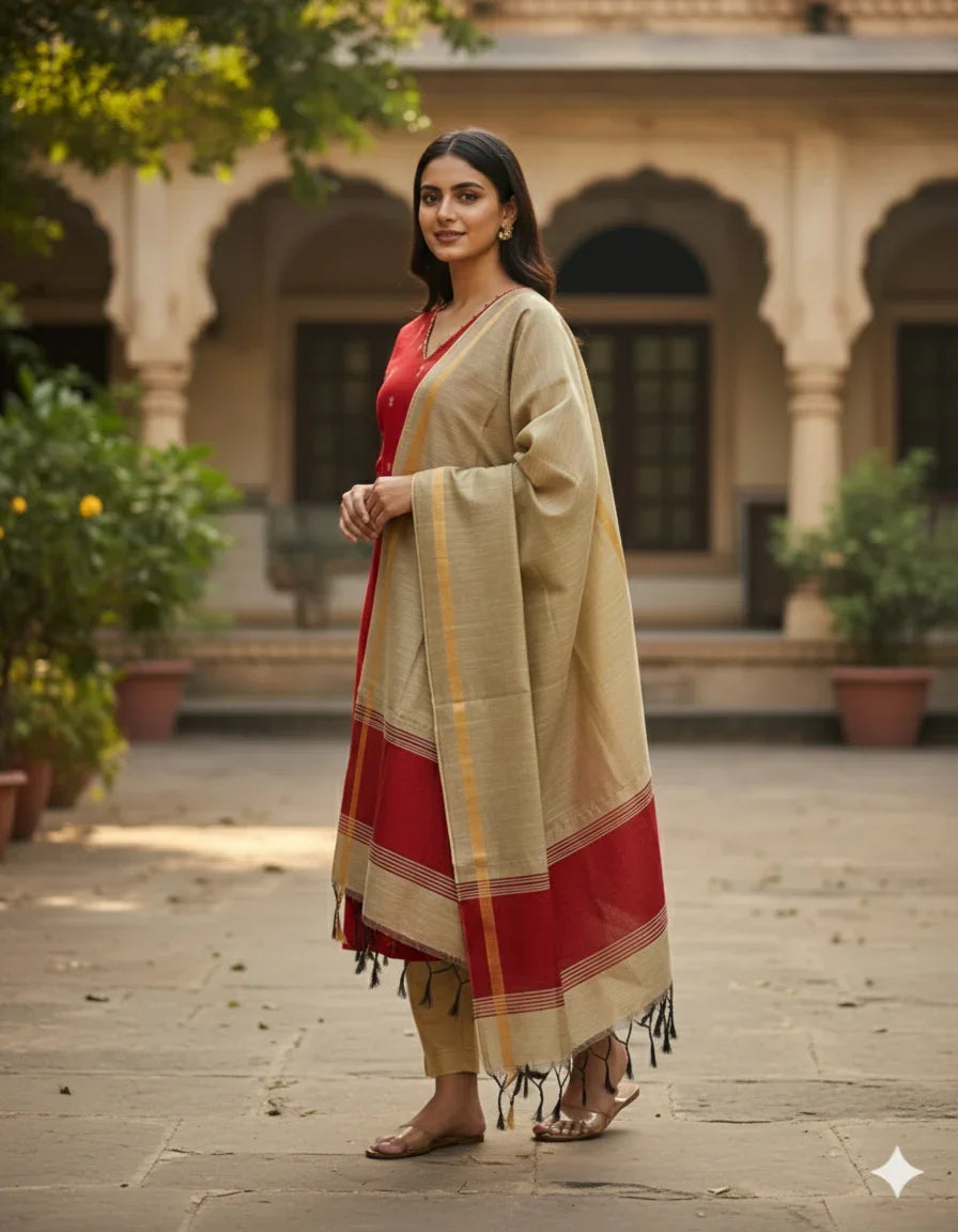 Raw Silk 3pc KurtiSet With Red Colour Full Length Lining | Gold Dupatta