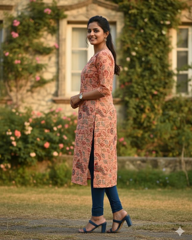 Premium Cotton Straight Cut Kurti – Clay Floral Print Design for Women