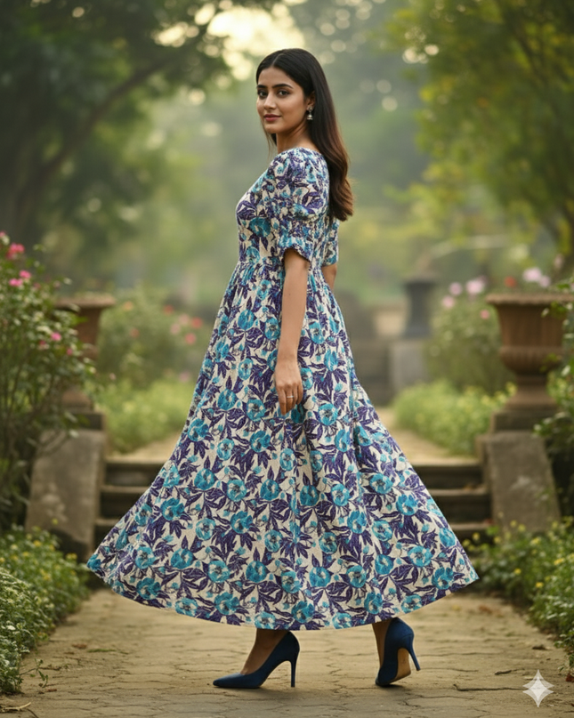 Mul Cotton Frock – Cream Colour, Puff Knot Sleeves, Comfortable & Zero Shrinkage