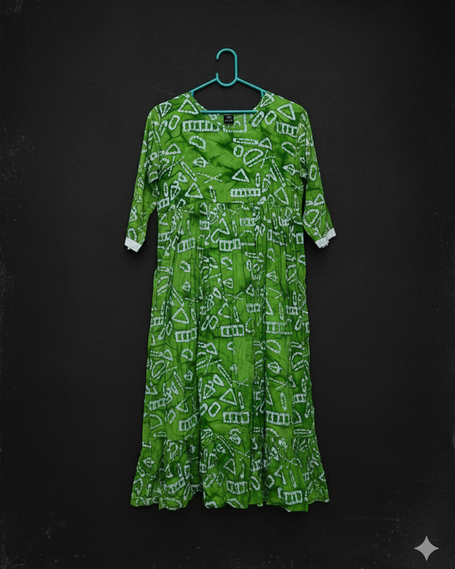 Handmade Batik Frock with Natural Dye – Potli Ball Neck Design Green Colour with Half Lining