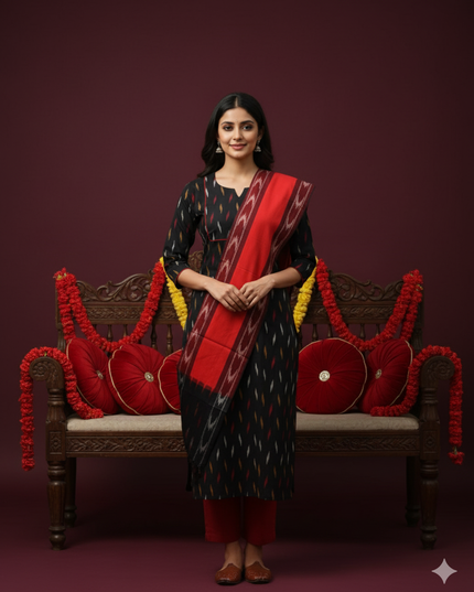 Premium Ikkat 3 Piece Stitched Set – Ready to Wear Kurta, Bottom & Dupatta – Black Colour Handloom Ethnic Wear