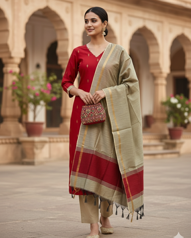 Raw Silk 3pc KurtiSet With Red Colour Full Length Lining | Gold Dupatta