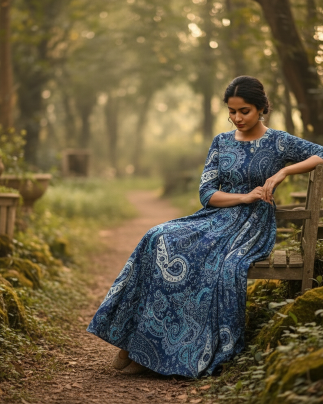 Blue Floral Long Anarkali Frock – Umbrella Flair Design