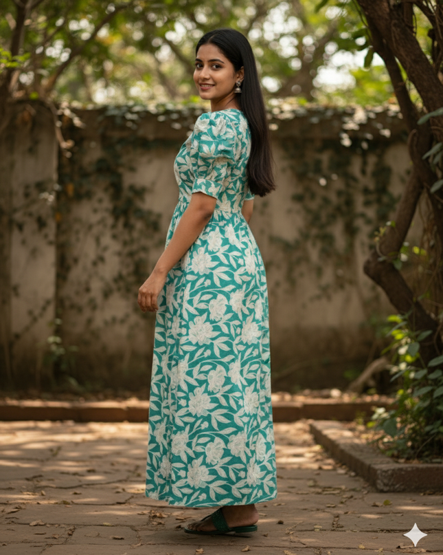 Premium Mul Cotton Frock Sky Blue – Puff Sleeve Design with Knots, Zero Shrinkage
