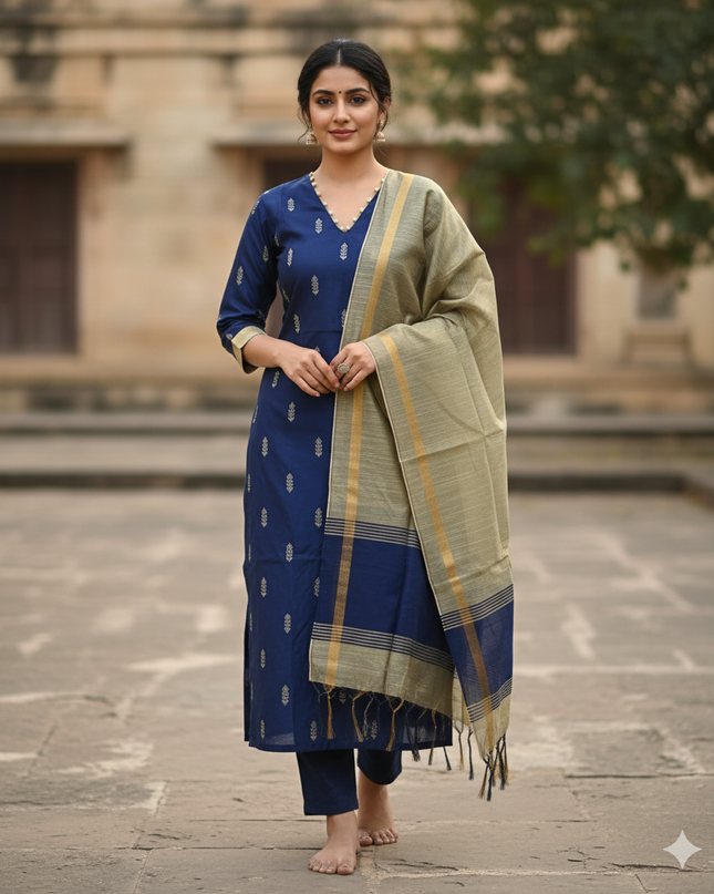 Raw Silk 3pc KurtiSet With Blue Colour Full Length Lining | Gold Dupatta