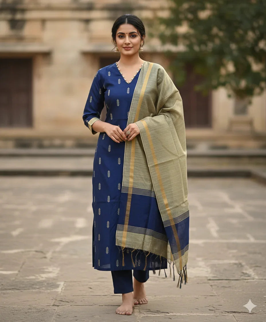 Raw Silk 3pc KurtiSet With Blue Colour Full Length Lining | Gold Dupatta