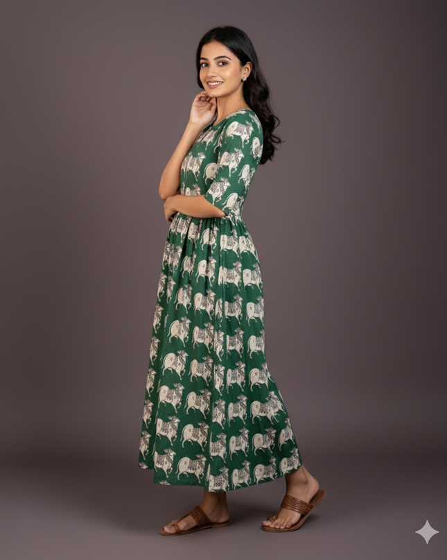 Kalamkari Pichwai Cow Design Frock – Green Colour | Handloom Ethnic Wear with Half Lining