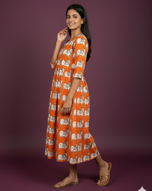 Kalamkari Pichwai Cow Design Frock – Orange Colour | Handloom Ethnic Wear with Half Lining