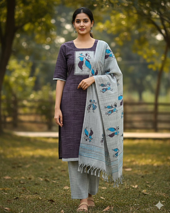 Radha Krishna Cotton Readymade Kurti for Women – Purple Gray Straight Cut with Full-Length Lining