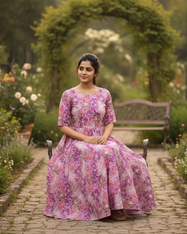 Pink Floral Long Anarkali Frock – Umbrella Flair Design