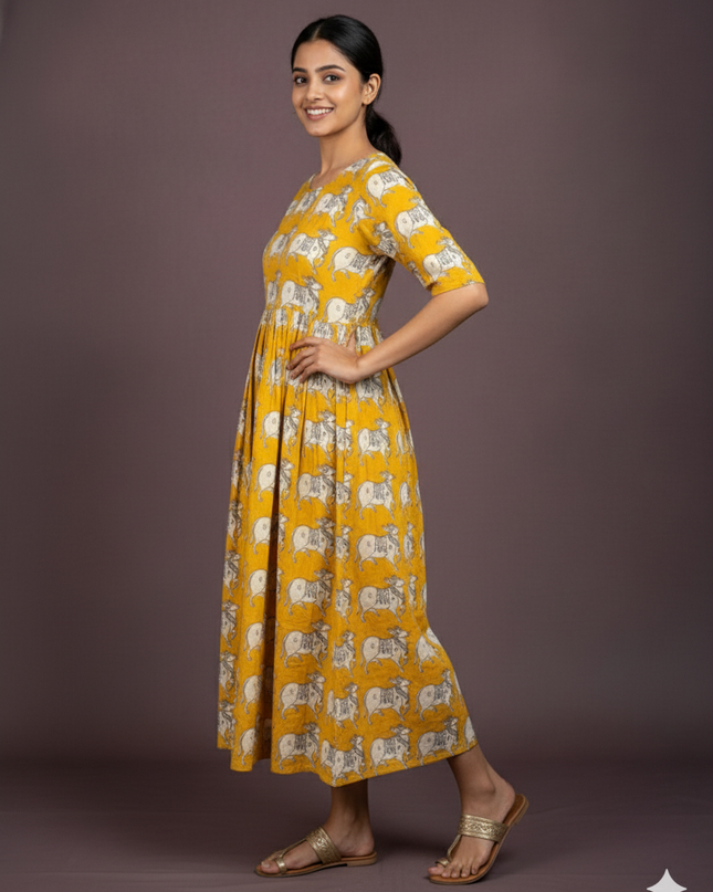 Kalamkari Pichwai Cow Design Frock – Yellow Colour | Handloom Ethnic Wear with Half Lining