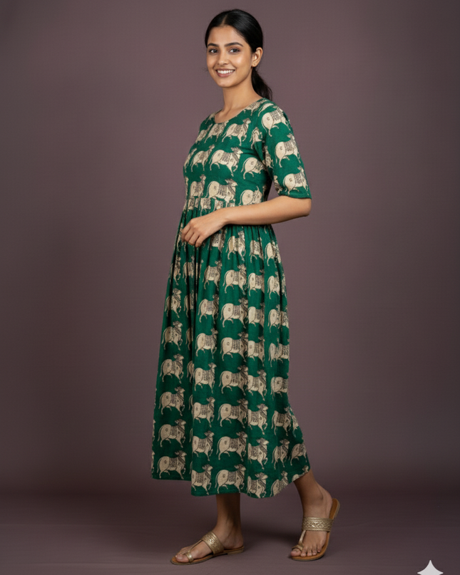 Kalamkari Pichwai Cow Design Frock – Teal Colour | Handloom Ethnic Wear with Half Lining