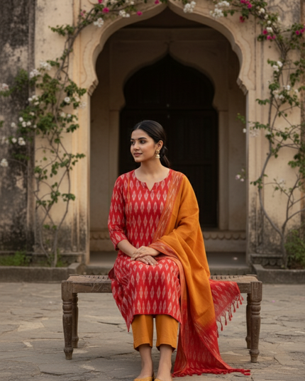 Premium Ikkat 3 Piece Stitched Set – Ready to Wear Kurta, Bottom & Dupatta – Red Colour Handloom Ethnic Wear