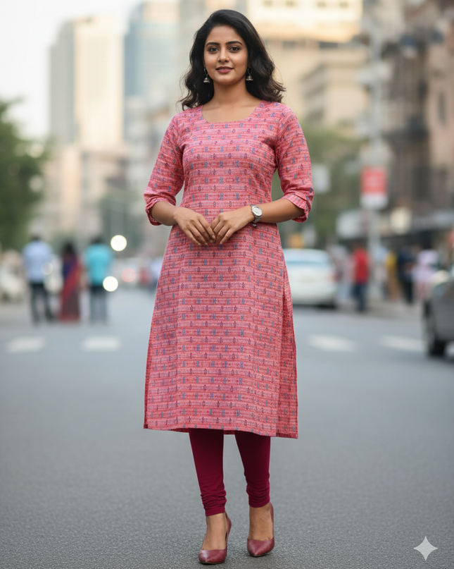 Premium Straight Cut Kurti – Pink Colour with Beautiful Floral Print