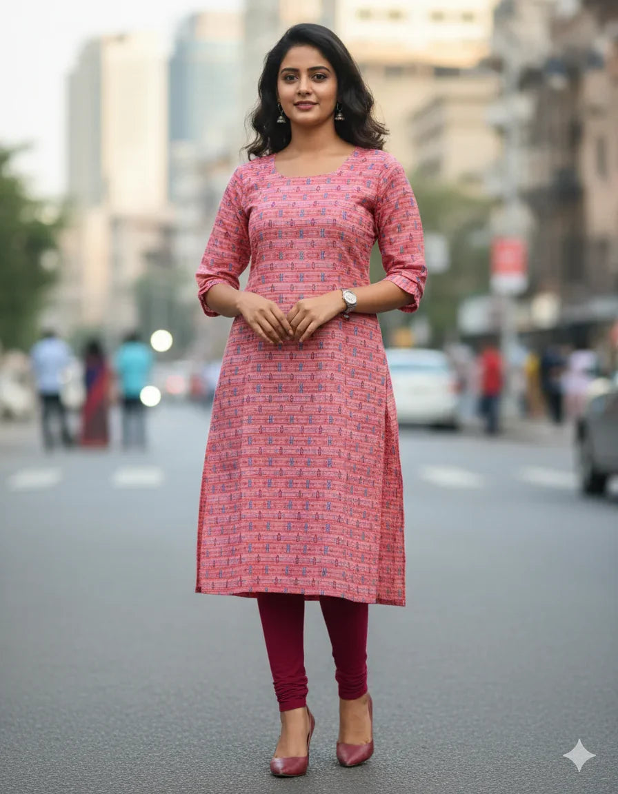 Premium Straight Cut Kurti – Pink Colour with Beautiful Floral Print