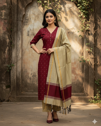Raw Silk 3pc KurtiSet With Maroon Colour Full Length Lining | Gold Dupatta