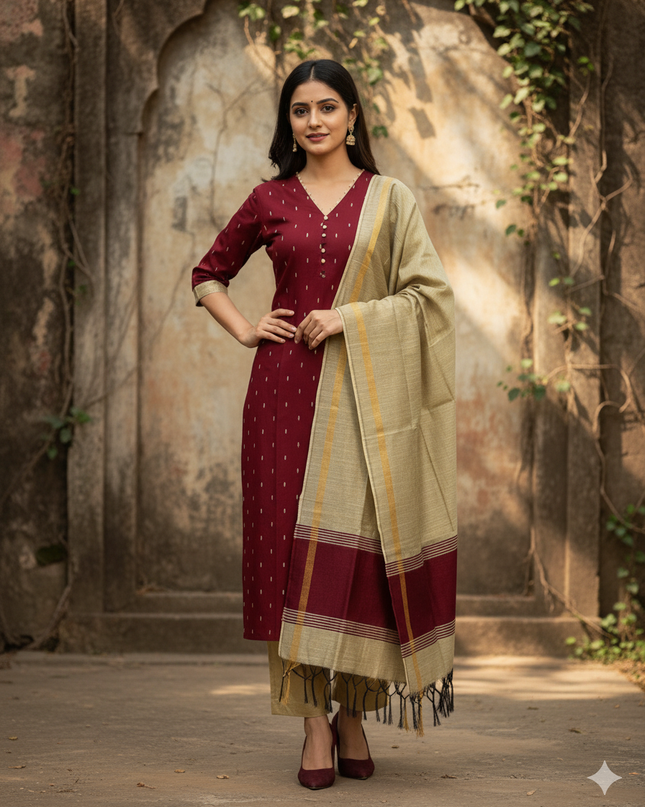 Raw Silk 3pc KurtiSet With Maroon Colour Full Length Lining | Gold Dupatta