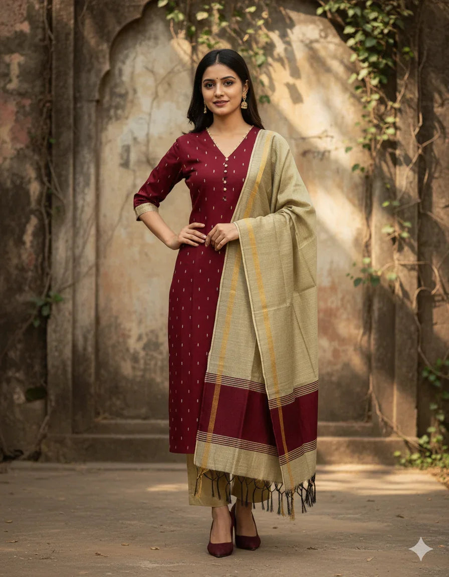 Raw Silk 3pc KurtiSet With Maroon Colour Full Length Lining | Gold Dupatta