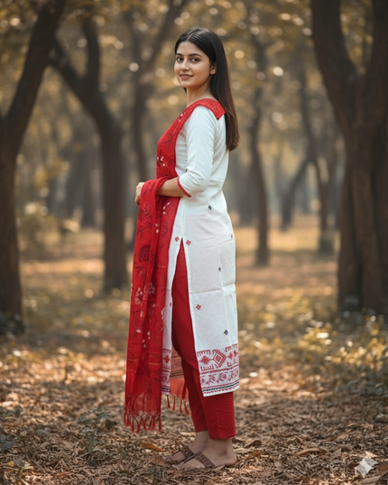 Jacquard Cotton Kurti Set Half White & Red – Straight Cut Style, Elbow Length Sleeves