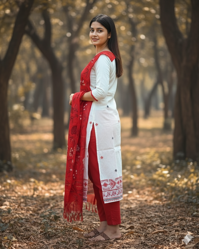 Jacquard Cotton Kurti Set Half White & Red – Straight Cut Style, Elbow Length Sleeves