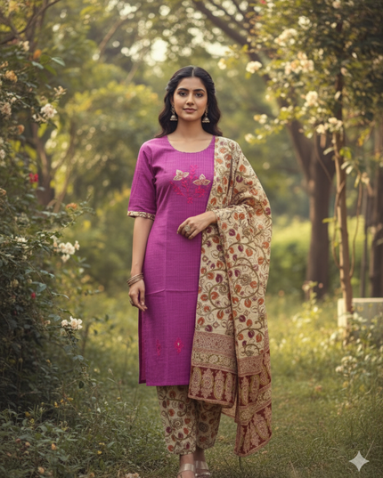 Kalamkari 3pc Set with Embroidery & Mirror Work Pink