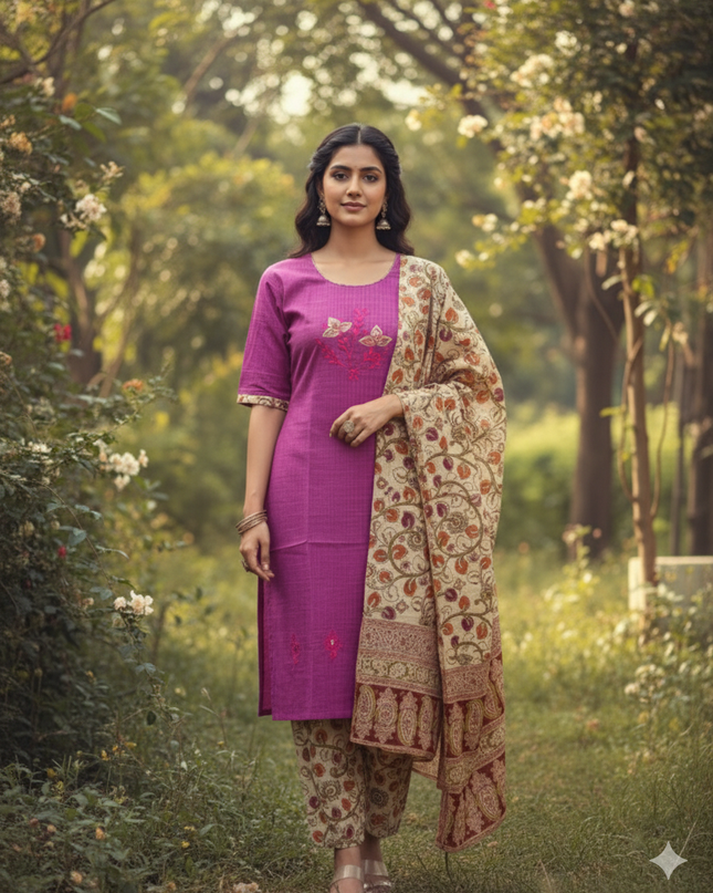 Kalamkari 3pc Set with Embroidery & Mirror Work Pink