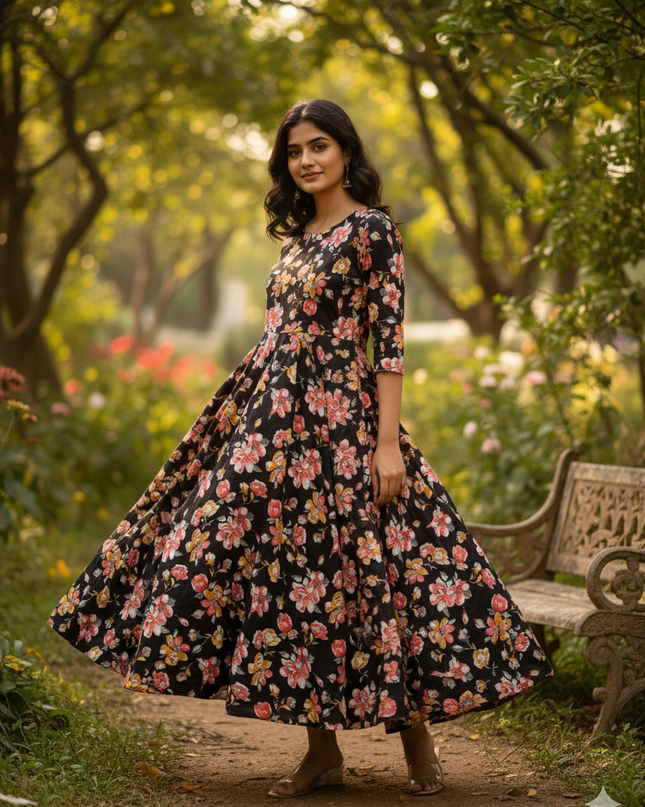 Black Floral Long Anarkali Frock – Umbrella Flair Design