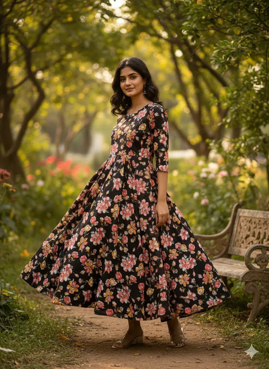 Black Floral Long Anarkali Frock – Umbrella Flair Design