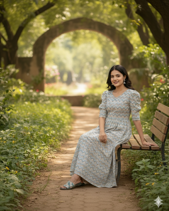 Premium Mul Cotton Frock Grey – Puff Sleeve Design with Knots, Zero Shrinkage