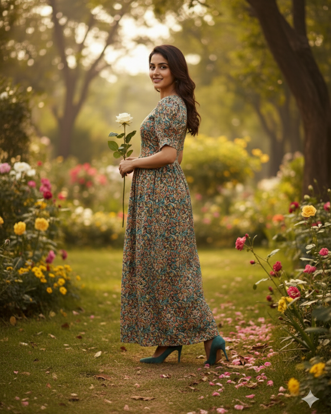 Premium Mul Cotton Frock Grey – Puff Sleeve Design with Knots, Zero Shrinkage