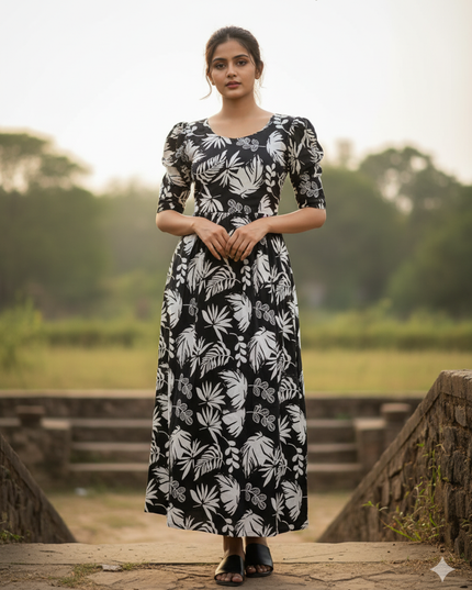 Premium Mul Cotton Frock Black – Puff Sleeve Design with Knots, Zero Shrinkage