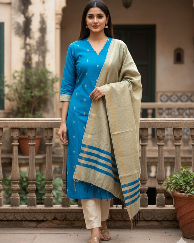 Raw Silk 3pc KurtiSet With Sky Blue Colour Full Length Lining | Gold Dupatta