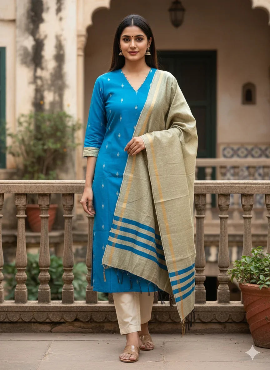 Raw Silk 3pc KurtiSet With Sky Blue Colour Full Length Lining | Gold Dupatta