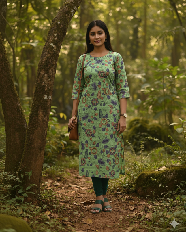 Premium Straight Cut Kurti – Green Colour with Beautiful Floral Print