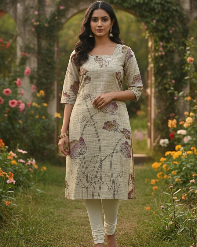 Premium Cotton Straight Cut Kurti – Biscuit Floral Print Design for Women