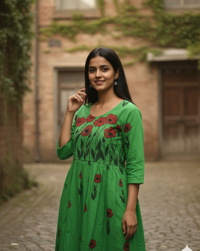 Green Floral Cotton Frock for Women – Printed Ethnic Dress | Bhavana Handlooms