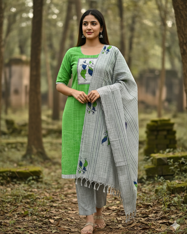 Radha Krishna Cotton Readymade Kurti for Women – Green Straight Cut with Full-Length Lining