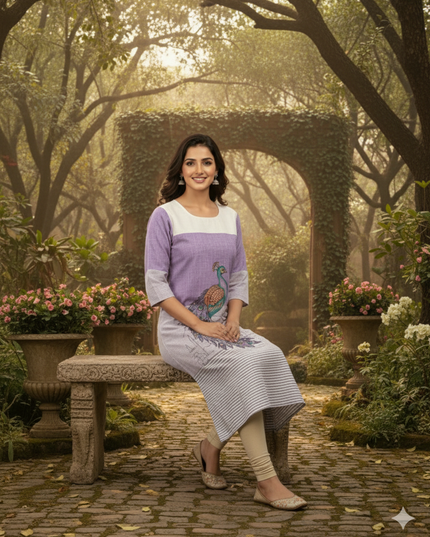 Peacock Design Straight Cut Kurti Lavender with Full Length Lining