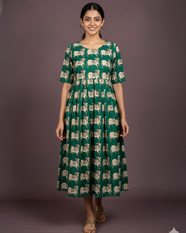 Kalamkari Pichwai Cow Design Frock – Teal Colour | Handloom Ethnic Wear with Half Lining