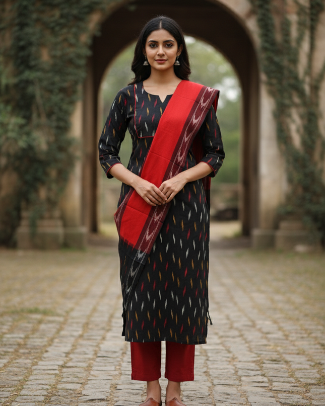 Premium Ikkat 3 Piece Stitched Set – Ready to Wear Kurta, Bottom & Dupatta – Black Colour Handloom Ethnic Wear