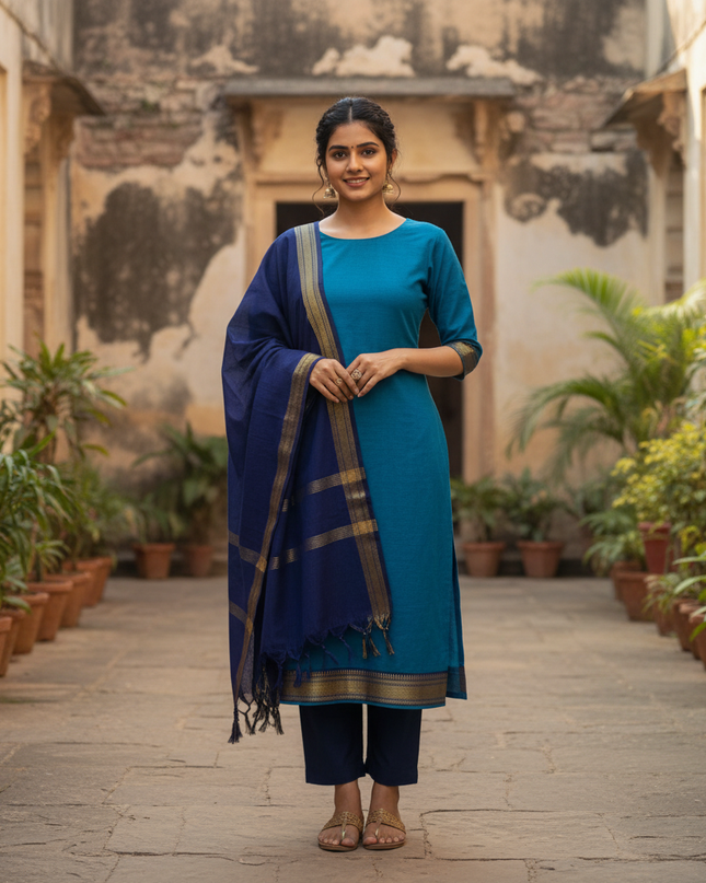Mangalagiri Dress Material with thread border Sky Blue colour