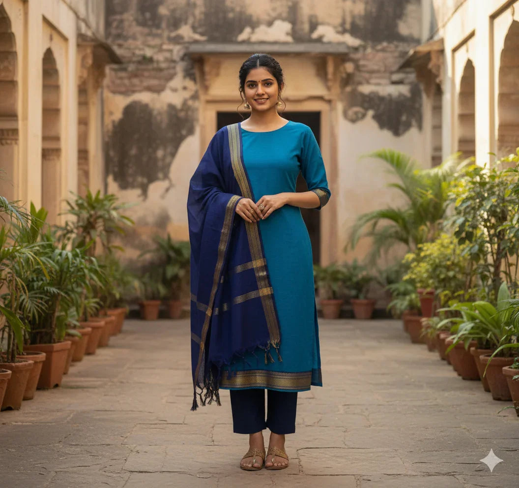 Mangalagiri Dress Material with thread border Sky Blue colour
