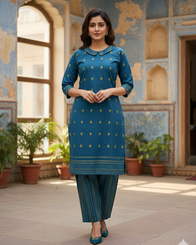 Premium Cotton Wooven Co-ord Set with Blue Colour