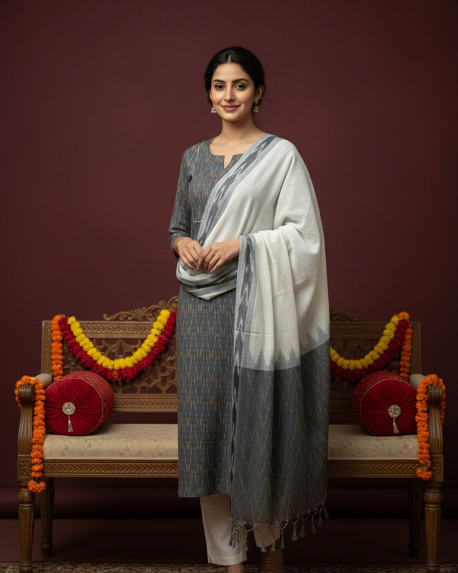 Premium Ikkat 3 Piece Stitched Set – Ready to Wear Kurta, Bottom & Dupatta – Gray colour Handloom Ethnic Wear