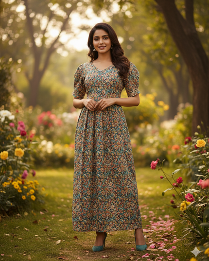 Premium Mul Cotton Frock Grey – Puff Sleeve Design with Knots, Zero Shrinkage